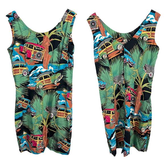 Vintage Diamond Head Womens L Hawaiian Dress Woodie Car Print 80s 90s Rockabilly - Picture 1 of 9